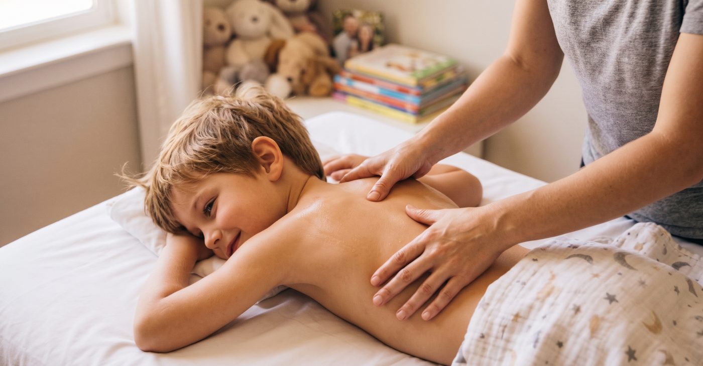 Soin manuel doux du dos d’un enfant